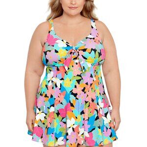 NWT Swim Solutions Bow-Front Swimdress One Piece Swimsuit Floral Frenzy Blue 24W
